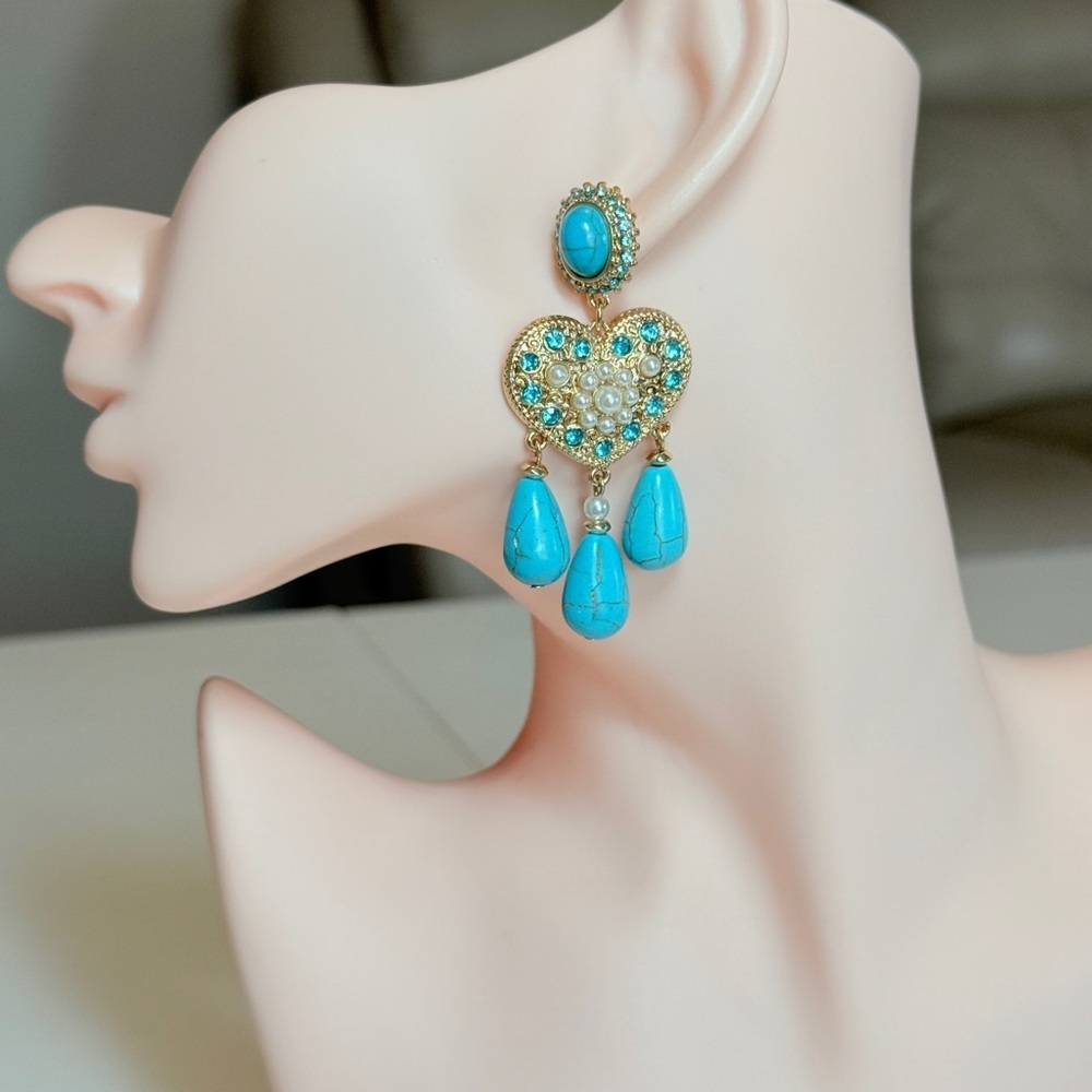 ⚜️ Turquoise Heart Drop Earrings - Gold Tone Women Jewelry - Picture 8 of 10